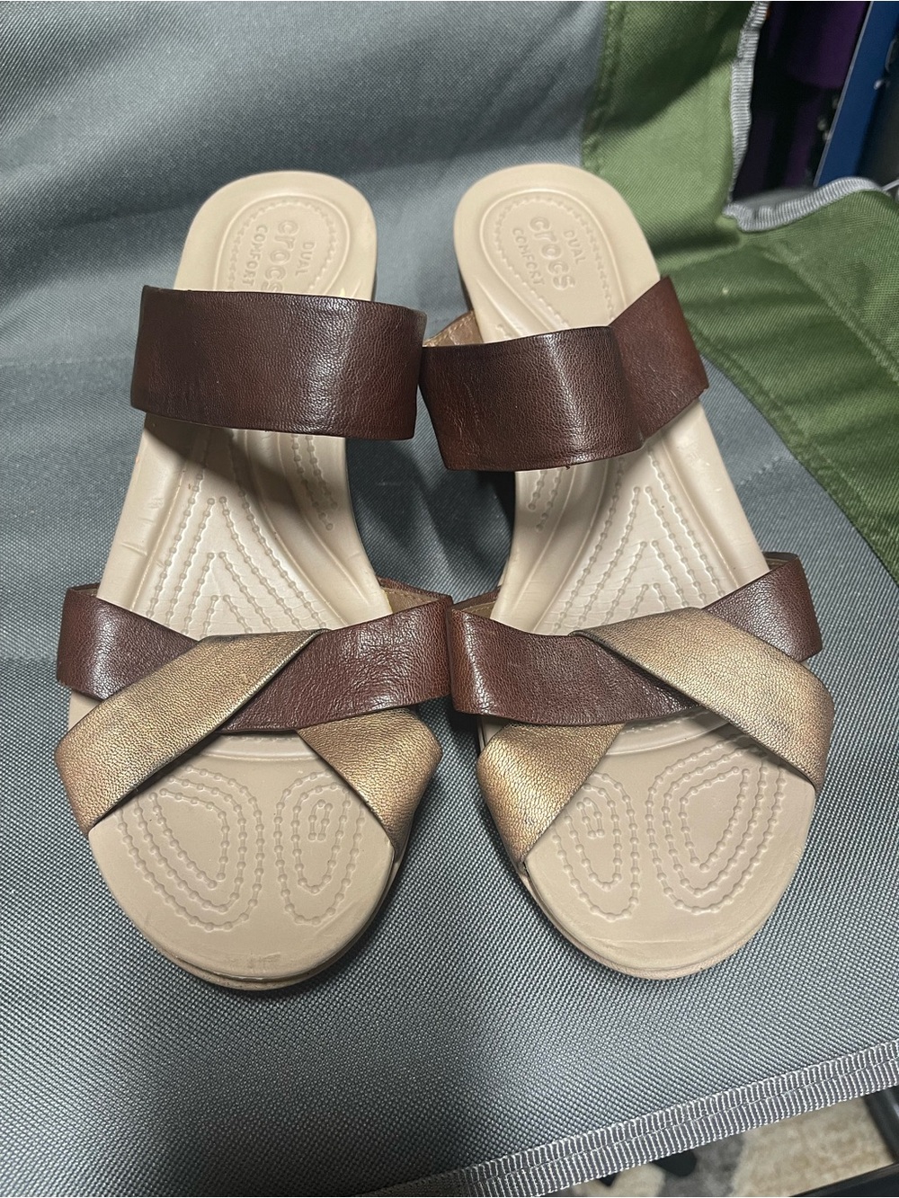 Crocs Women's Wedge Sandals Brown Gold Strappy Size W10